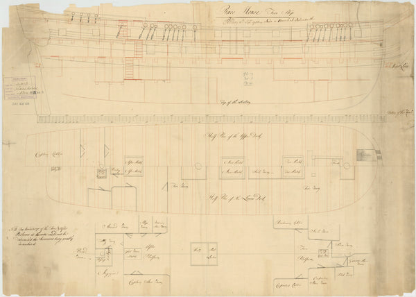 Inboard profile plan (front) for HMS 'Racehorse' (1757). Quarterdeck & forecastle (back). As a Bomb Vessel