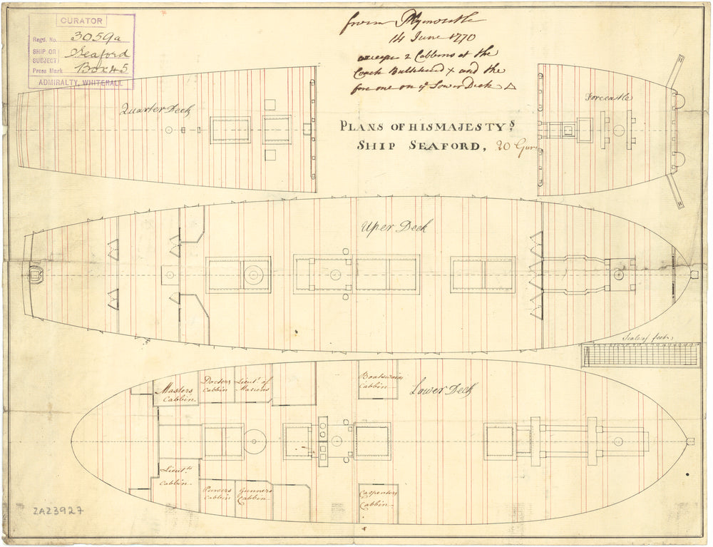 Quarterdeck and forecastle, upper deck and lower deck  plan for 'Seaford' (1754)