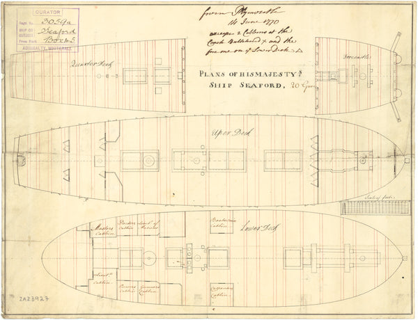 Quarterdeck and forecastle, upper deck and lower deck  plan for 'Seaford' (1754)