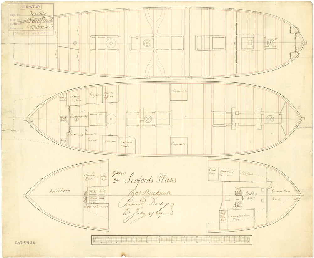 Upper deck, lower deck, and fore & aft platforms for 'Seaford' (1754)