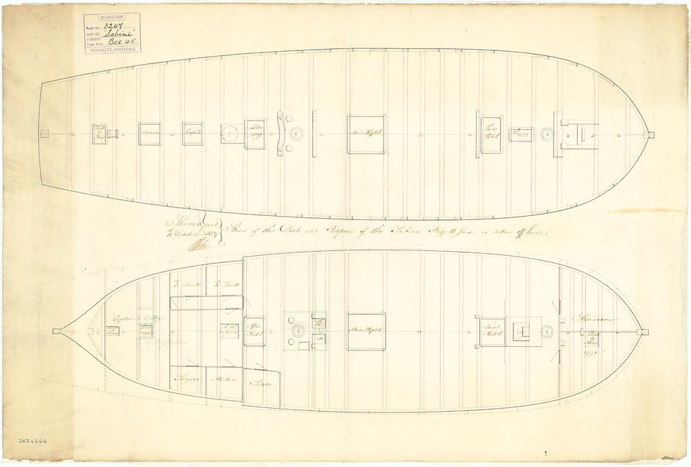 Upper and lower deck plan for 'Sabine' (captured 1808)
