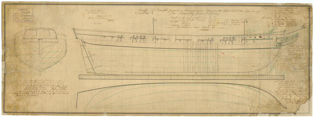 Lines plan for Cadmus/Cherokee/Rolla class of 10-gun brigs approved between 1807 and 1818