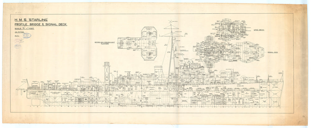 Profile, Bridge and Signal Deck plan for HMS 'Starling' (1942)