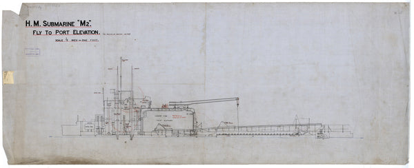 Fly to port elevation plan for M-class submarine seaplane carrier 'M2' (1919)