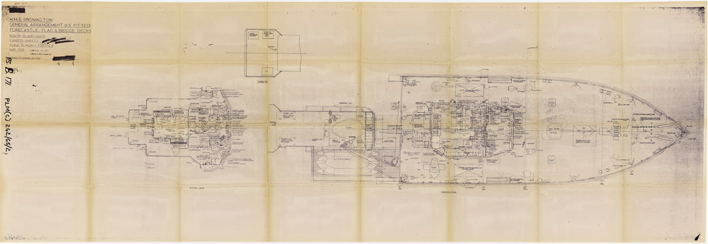 Forecastle, Flag Deck & Bridges plan of HMS 'Bronington' (1953) in 1965. Scale - 1:24