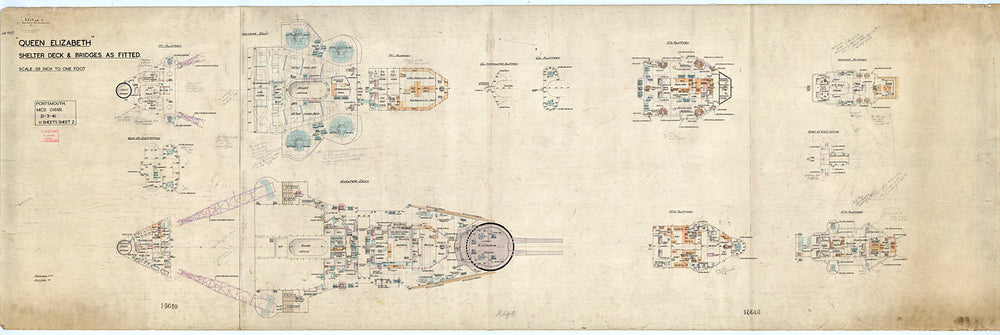 Shelter deck and bridge plan for HMS 'Queen Elizabeth' (1913), as fitted 1941