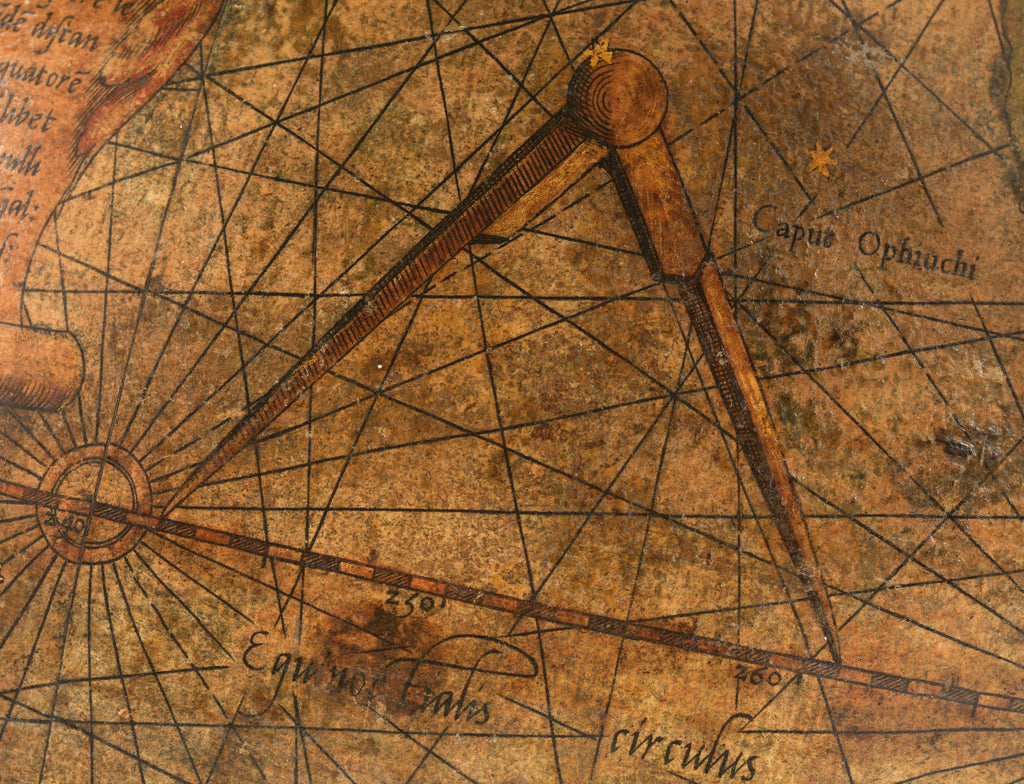 Detail of Terrestrial Globe, detail of the Pacific Ocean with a large pair of dividers by Gerard Mercator