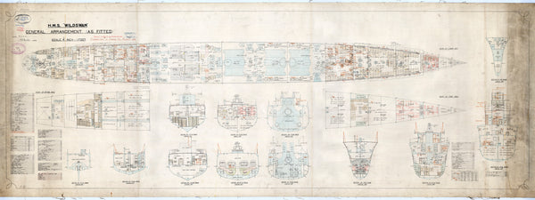 HMS 'Wild Swan' (Wildswan) general arrangement as fitted. Lower deck, fore hold, aft hold and sections plan.