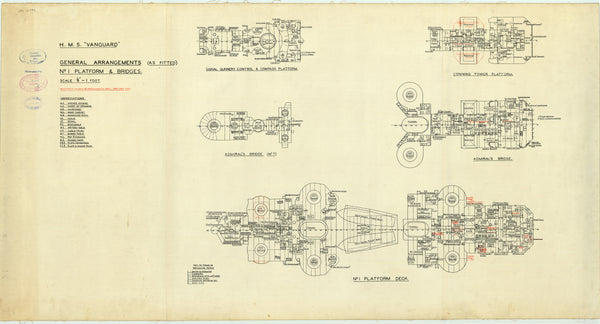 Superstructure and bridges plan for 'HMS Vanguard' (1944), with 1954 mods