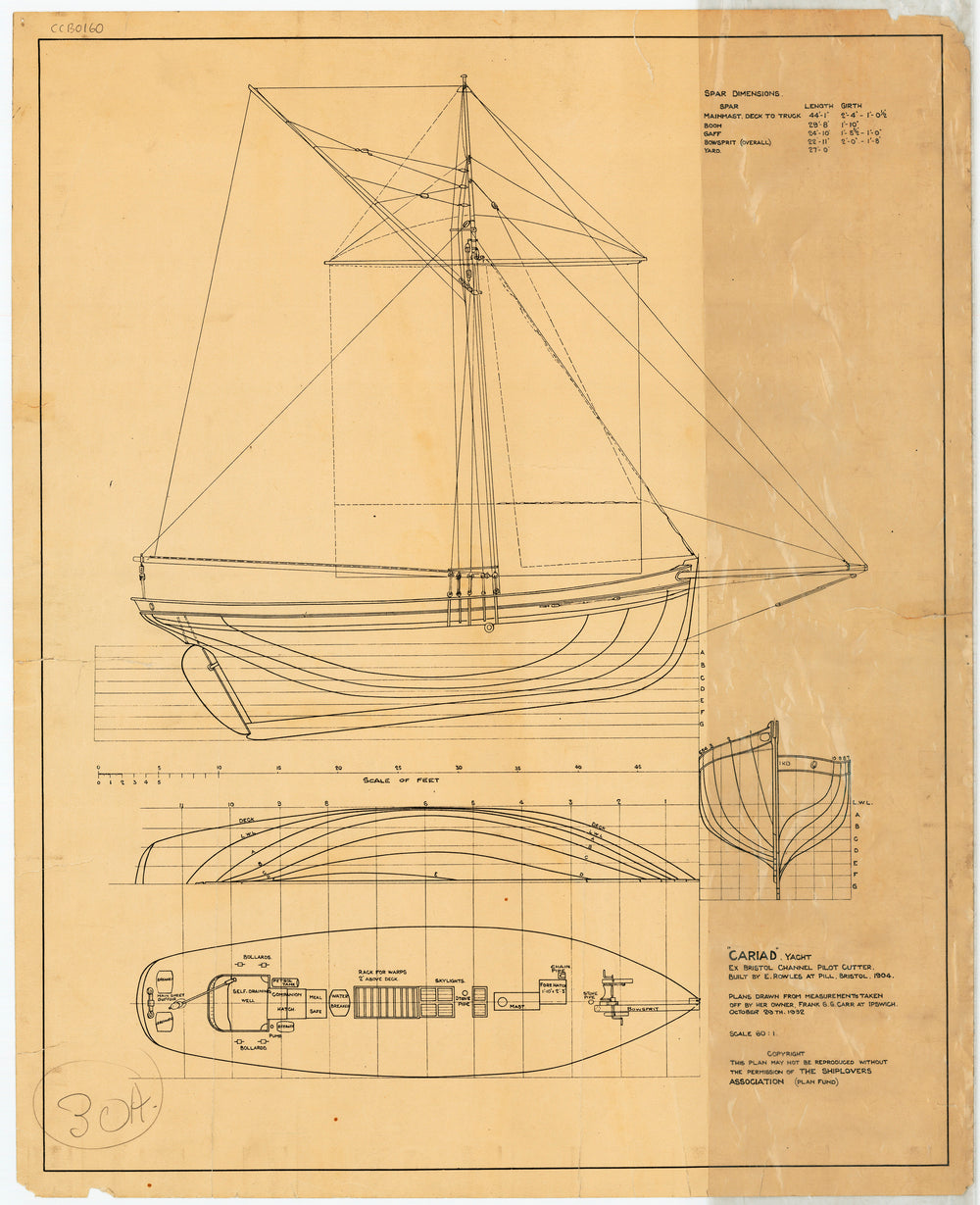 Lines & rigging plan for yacht 'Cariad' (1904) ex Bristol channel pilot cutter