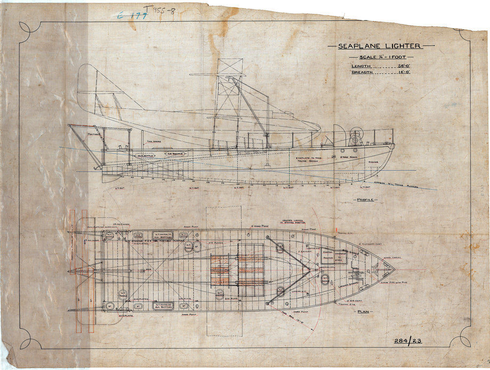 General Arrangement Profile & Deck plan for Seaplane Lighter, H1-H4 (1917) - 284/23.