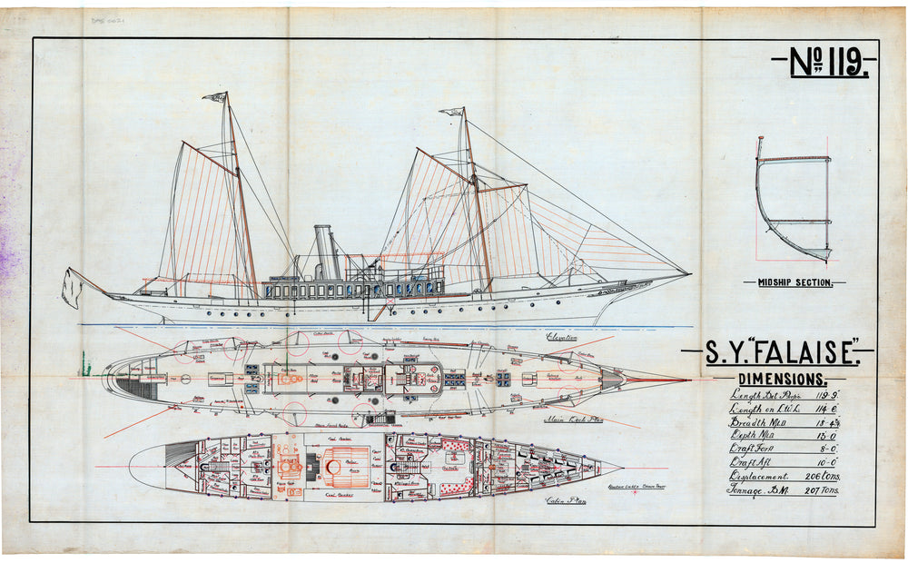 Plan of the steam yacht 'Falaise' (1899) Yard No 119.