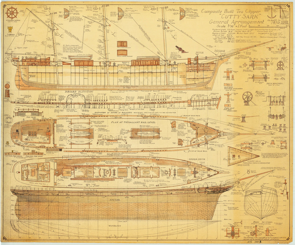 General arrangement, inboard profile, decks, outboard profile and body sections plan for 'Cutty Sark' (1869)