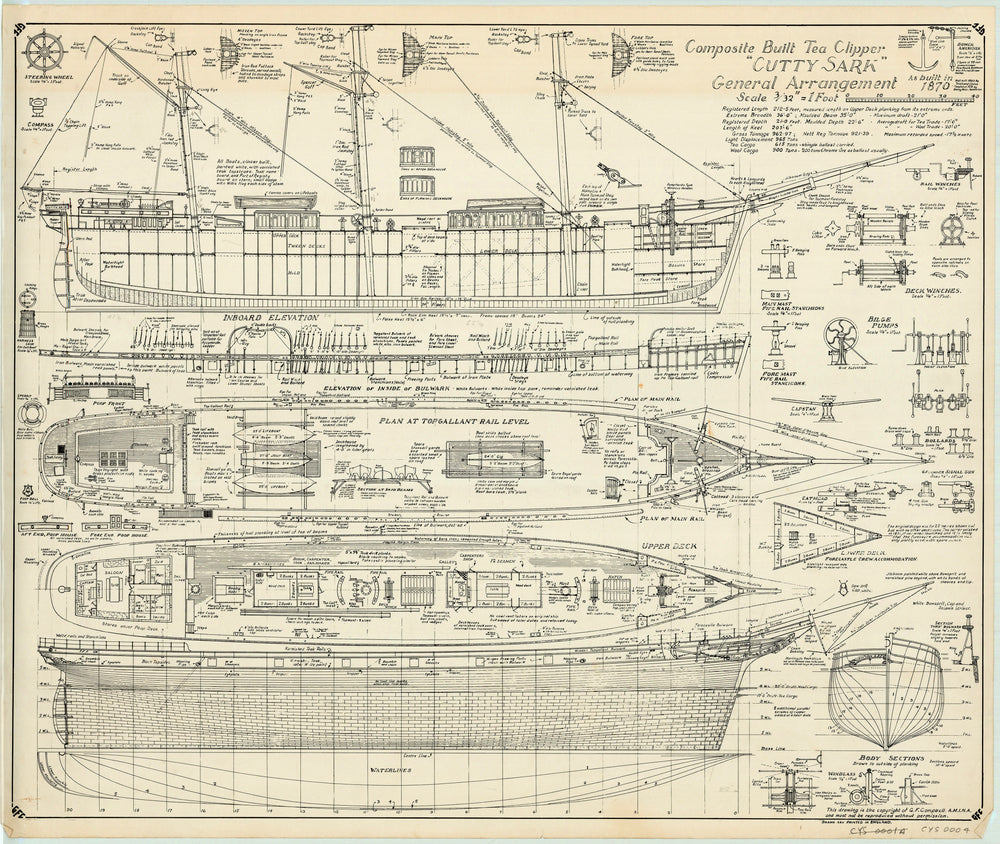 General arrangement, inboard profile, decks, outboard profile and body sections (black and white) plan for 'Cutty Sark' (1869)
