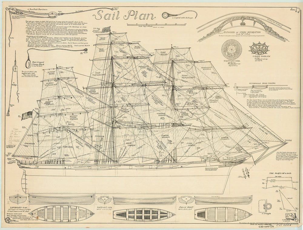 Sail Plan (black and white) for 'Cutty Sark' (1869)
