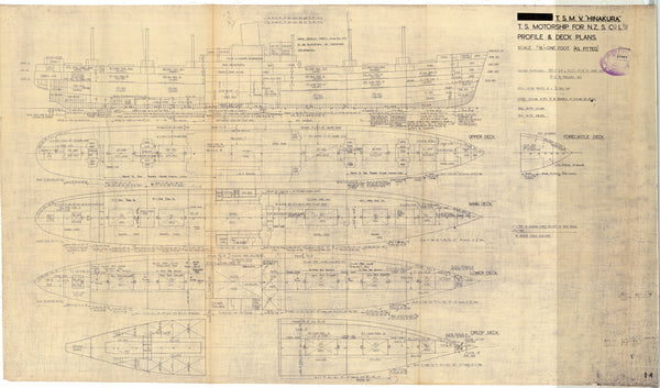 Profile and decks plan as fitted for 'Hinakura' (1949) (dyeline)