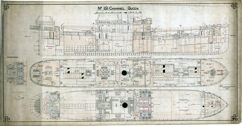 Inboard profile & decks plan for 'Channel Queen' (1912) as fitted