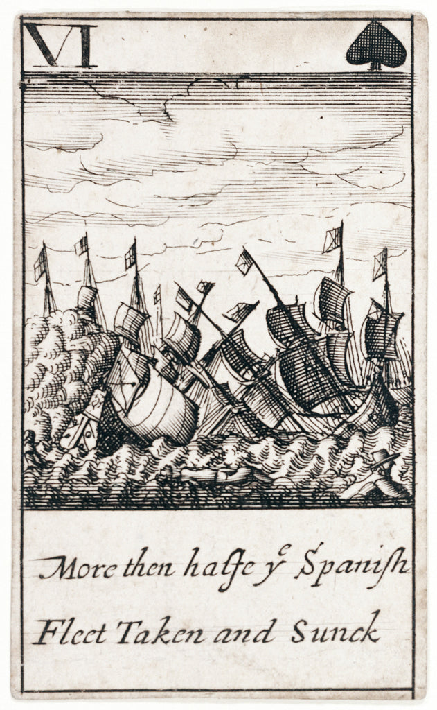 Detail of 1588 Armada Playing Cards, VI of Spades. 'More then halfe ye Spanish Fleet Taken and Sunck' by unknown