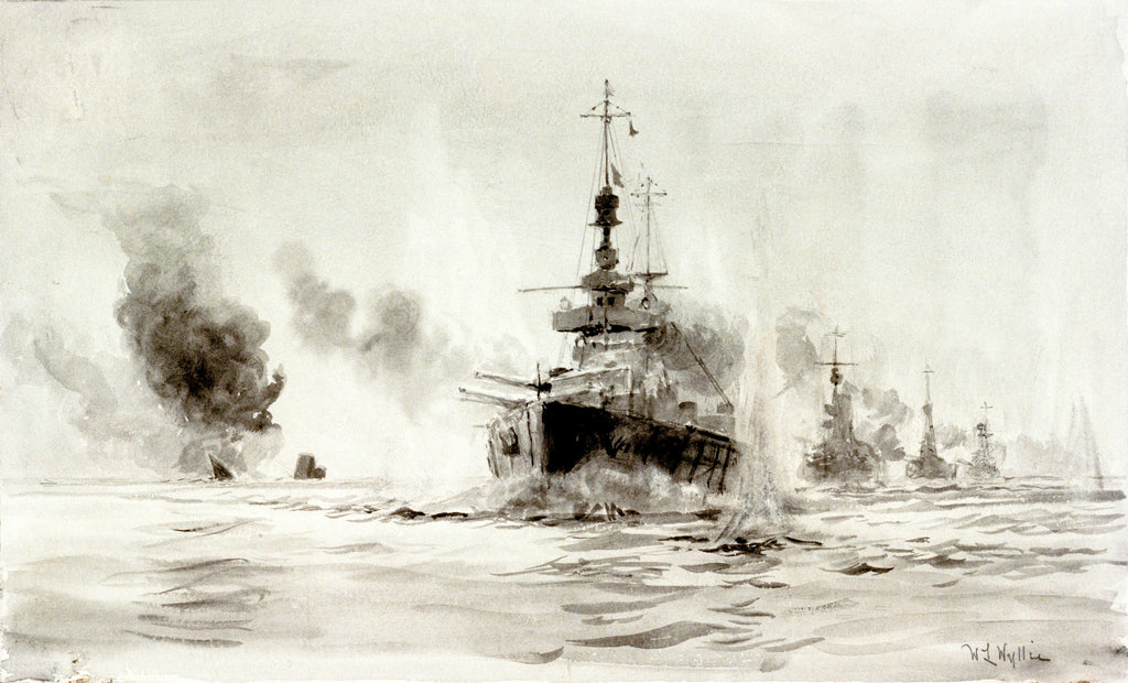 Detail of Study of the Battle of Jutland, 31st May 1916: HMS 'Lion' leading battle-cruisers past the wreck of 'Invincible', about 18.40 by William Lionel Wyllie