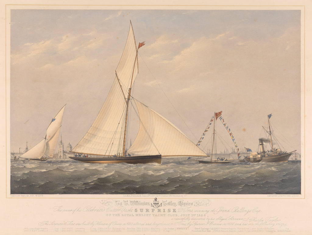 Detail of To T. Wilkinson Tetley, Esquire. This print of his Celebrated Cutter Yacht 'Surprise' 20 Tons, winning the Grand Challenge Cup of the Royal Mersey Yacht Club, July 1st 1856 by Charles Taylor [artist & engraver]; Day & Son [engravers]; William Foster [publisher]