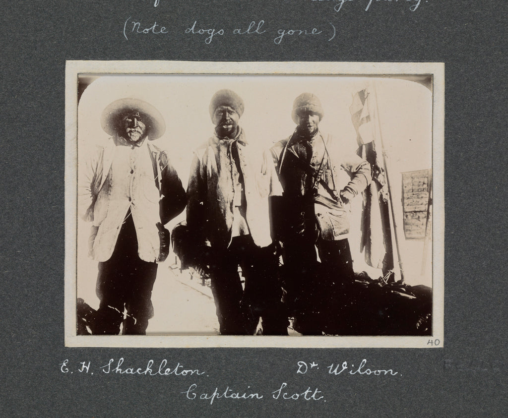 Detail of E.H. Shackleton, Captain Scott and Dr Wilson from National Antarctic Expedition photo album by Sir Ernest Henry Shackleton