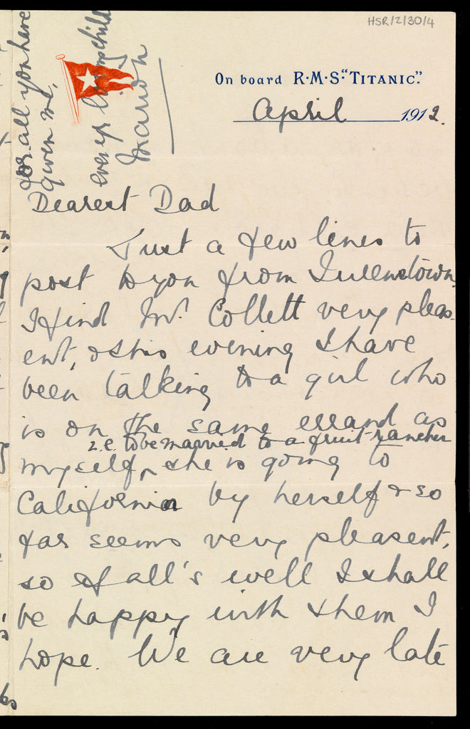 Detail of Letter from Marion Wright to her father, written onboard 'Titanic' on RMS 'TITANIC' headed paper by Marion Wright
