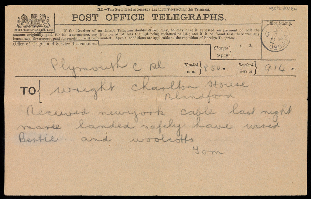Detail of Telegram to Marion Woolcott's father, stating she had landed safely in New York following the 'Titanic' disaster by Marion Wright