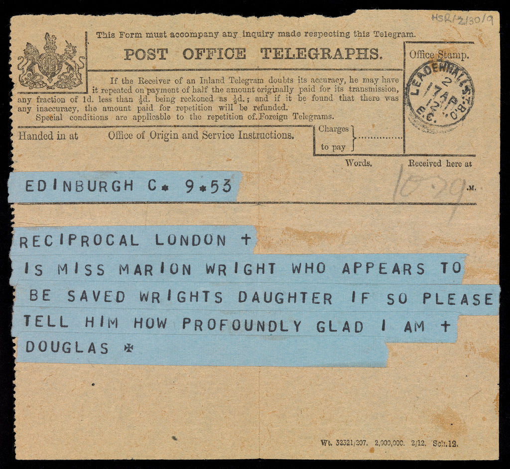 Detail of Telegram addressed to Marion's father, hopes Marion Wright listed as saved from 'Titanic' is their daughter by Marion Wright