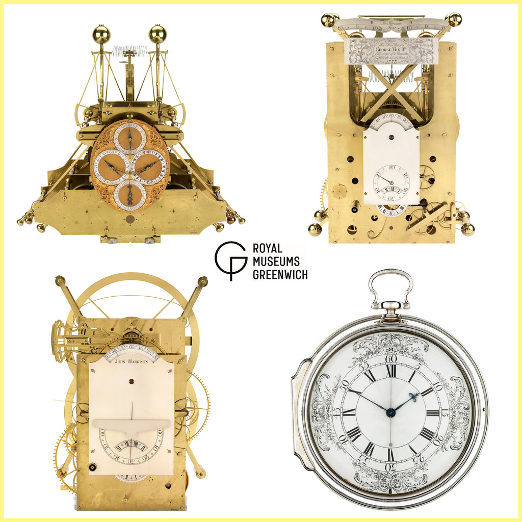 Detail of A compilation image featuring John Harrison's timepieces, H1 (ZBA0034), H2 (ZBA0035), H3 (ZBA0036) and H4 (ZBA0037) by National Maritime Museum