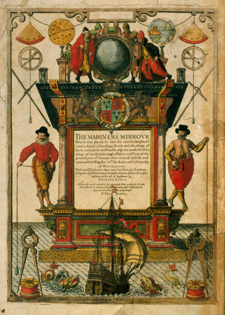 Detail of Frontispiece of 'The Mariner's Mirror' (1588) written by Lucas Jansz Waghenaer (1533-1606) by Theodore de Bry