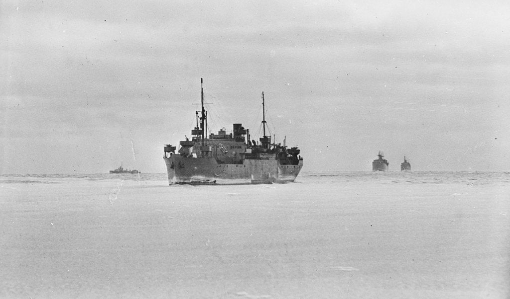 Detail of Merchant ships steaming through thin sea ice by unknown