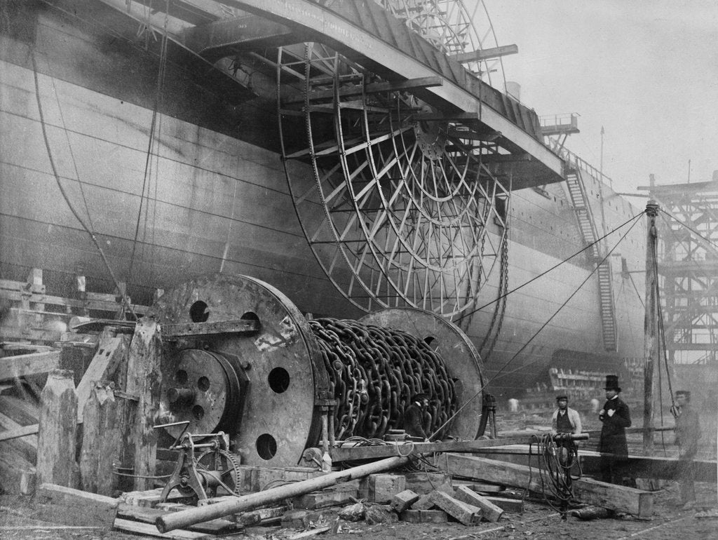 Detail of Detail view of 'Great Eastern' prior to her 1858 launch by Robert Howlett