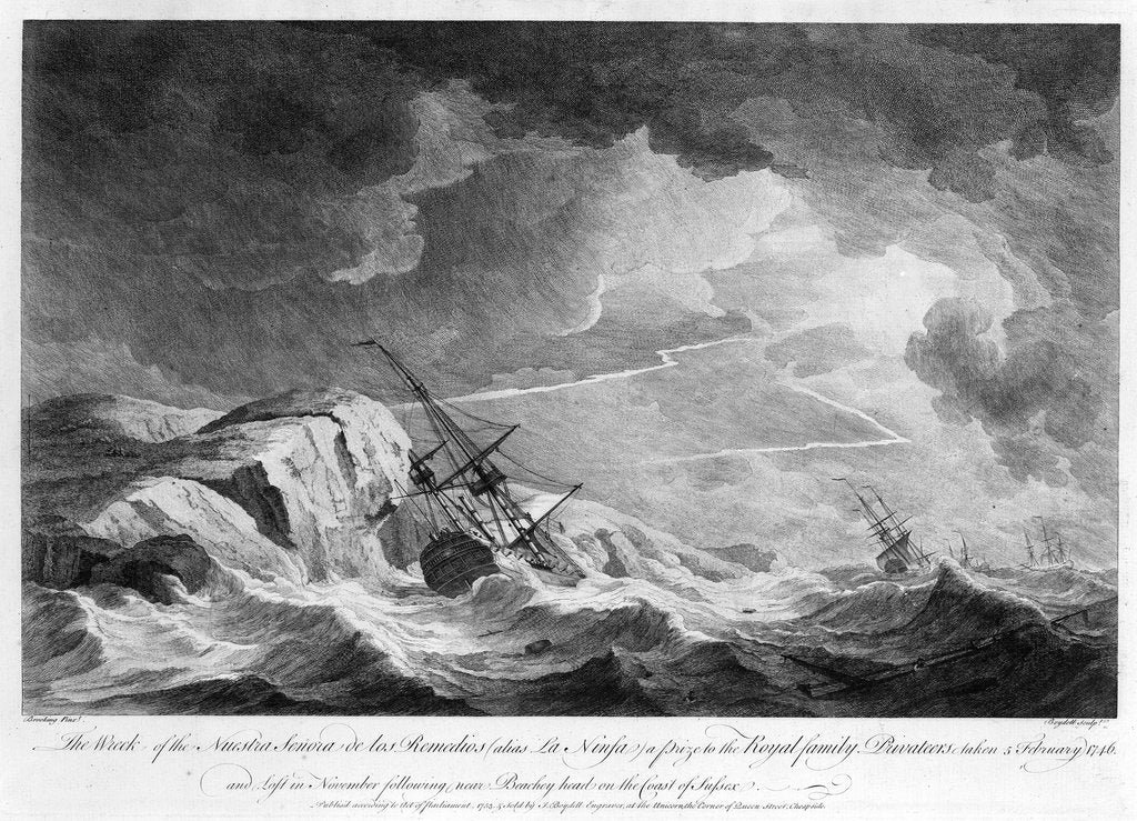 Detail of The wreck of the 'Nuestra Senora de los Remedios' (alias 'La Ninfa')... by Charles Brooking