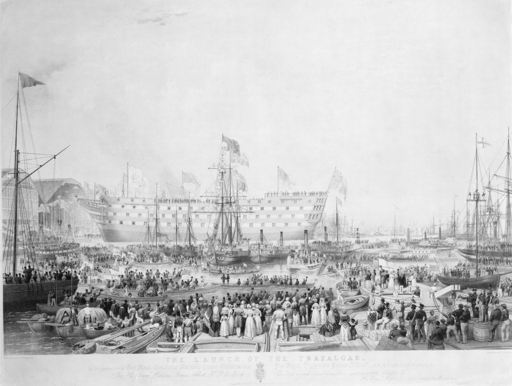 Detail of The Launch of the Trafalgar, in the presence of Her Most Gracious Majesty Queen Victoria and His Royal Highness Prince Albert, at H.M.Dock Yard, Woolwich... by William Ranwell