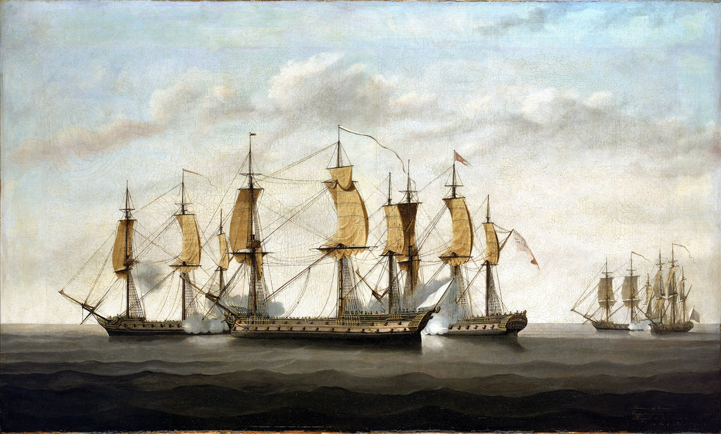 Detail of Engagement between three East Indiamen and two French vessels, 8 March 1757 by Lawson Dunn