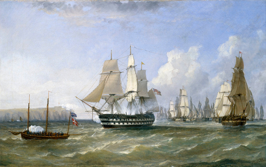 Detail of HMS 'Warrior' protecting a convoy passing Reefness, September 1807 by William Adolphus Knell