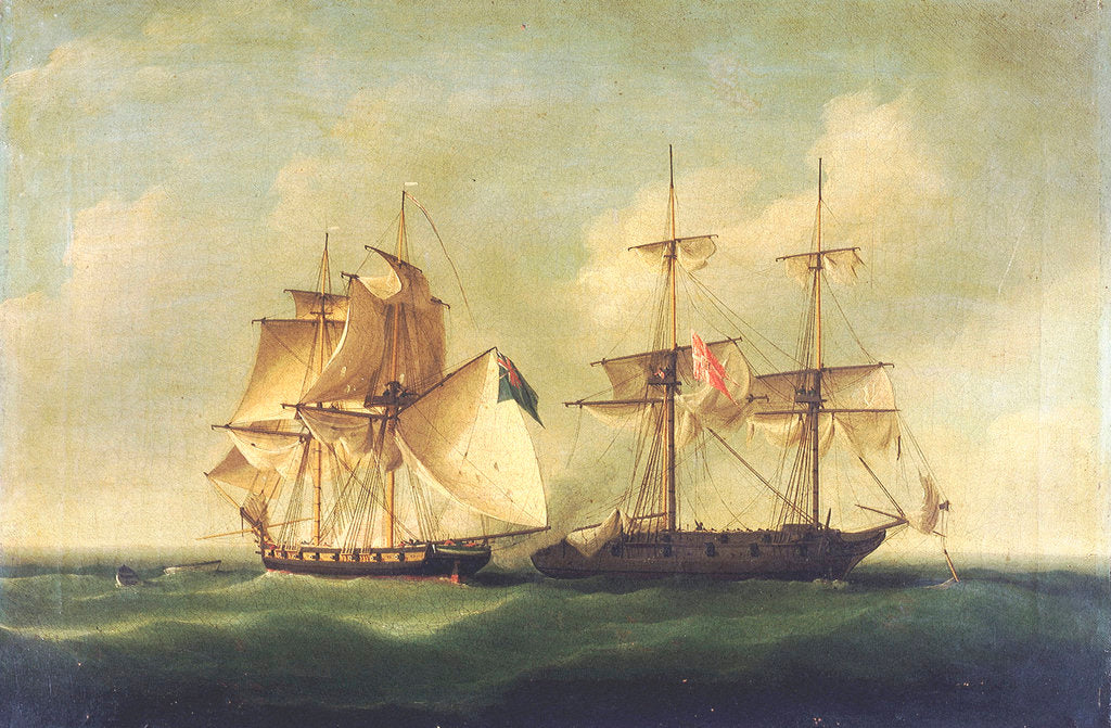 Detail of HMS 'Sappho' capturing the Danish brig 'Admiral Jawl', 2 March, 1808: surrender of the brig by Francis Sartorius