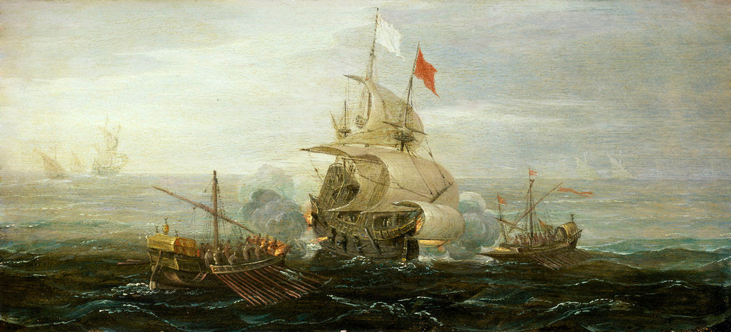 Detail of A French ship and barbary pirates by Aert Anthonisz