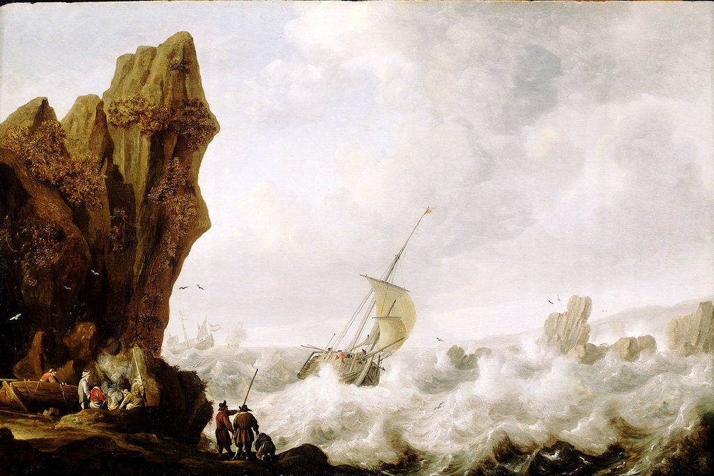 Detail of A fishing boat in rough sea off a rocky shore by Julius Porcellis