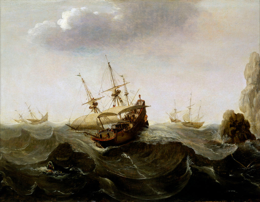 Detail of A ship in a rough sea by Cornelisz Verbeecq