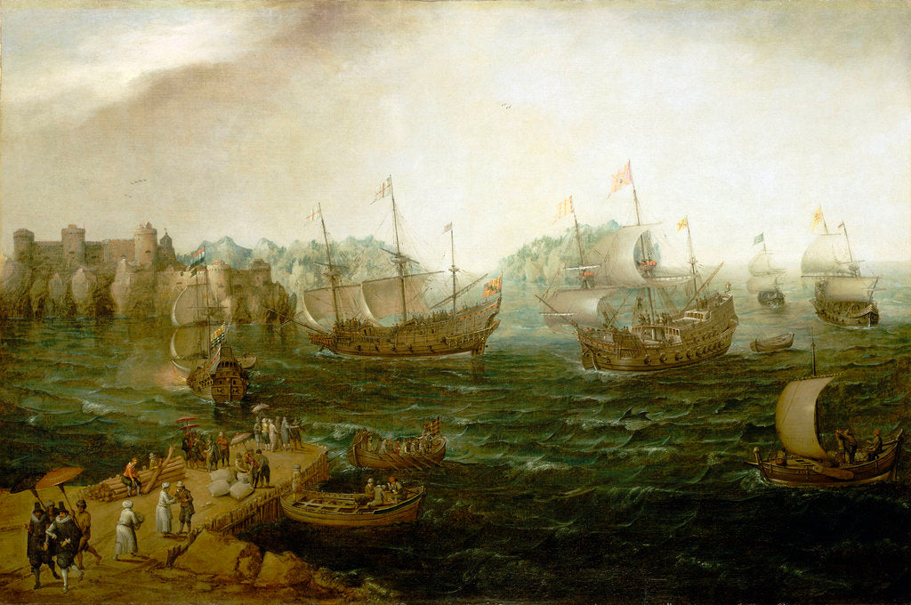 Detail of Ships trading in the east by Hendrick Cornelisz Vroom