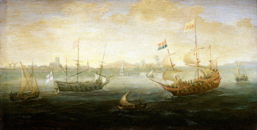 Detail of A Dutch and English ship off a harbour by Abraham de Verwer