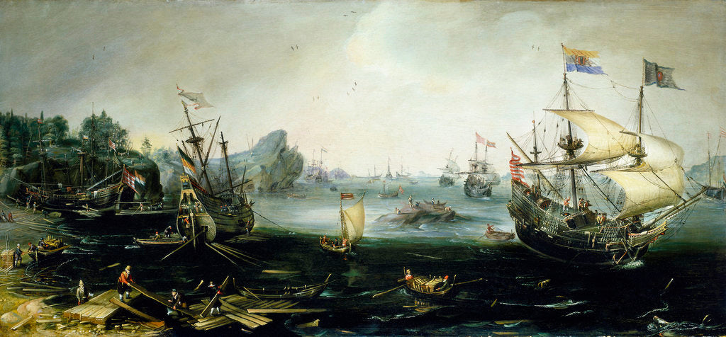 Detail of Dutch ships loading timber in a Northern Port by Andries van Eertvelt