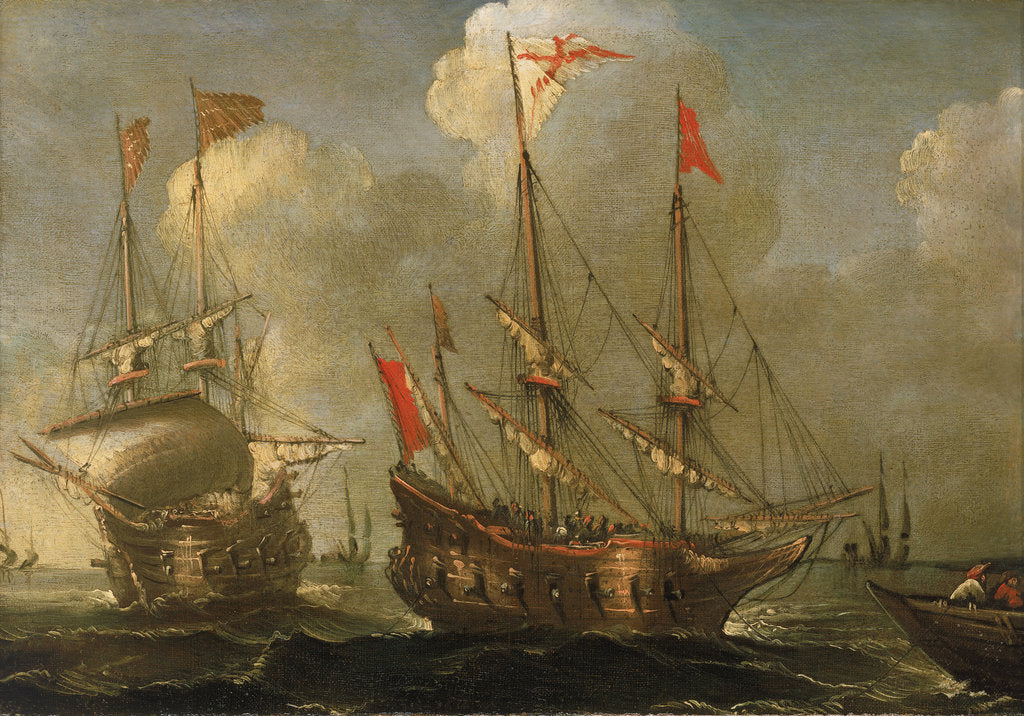 Detail of Spanish ships at anchor by Sebastian Castro