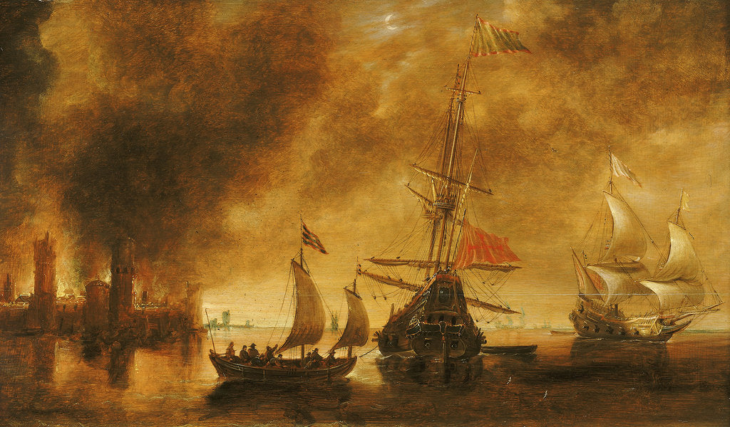 Detail of Daybreak after the bombardment of a port by Spanish ships by Andries van Eertvelt