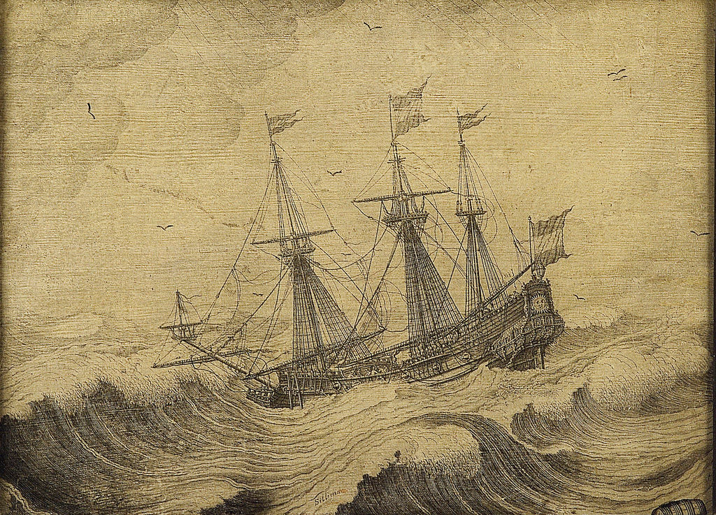 Detail of A Dutch ship in a stormy sea by Experiens Sillemans
