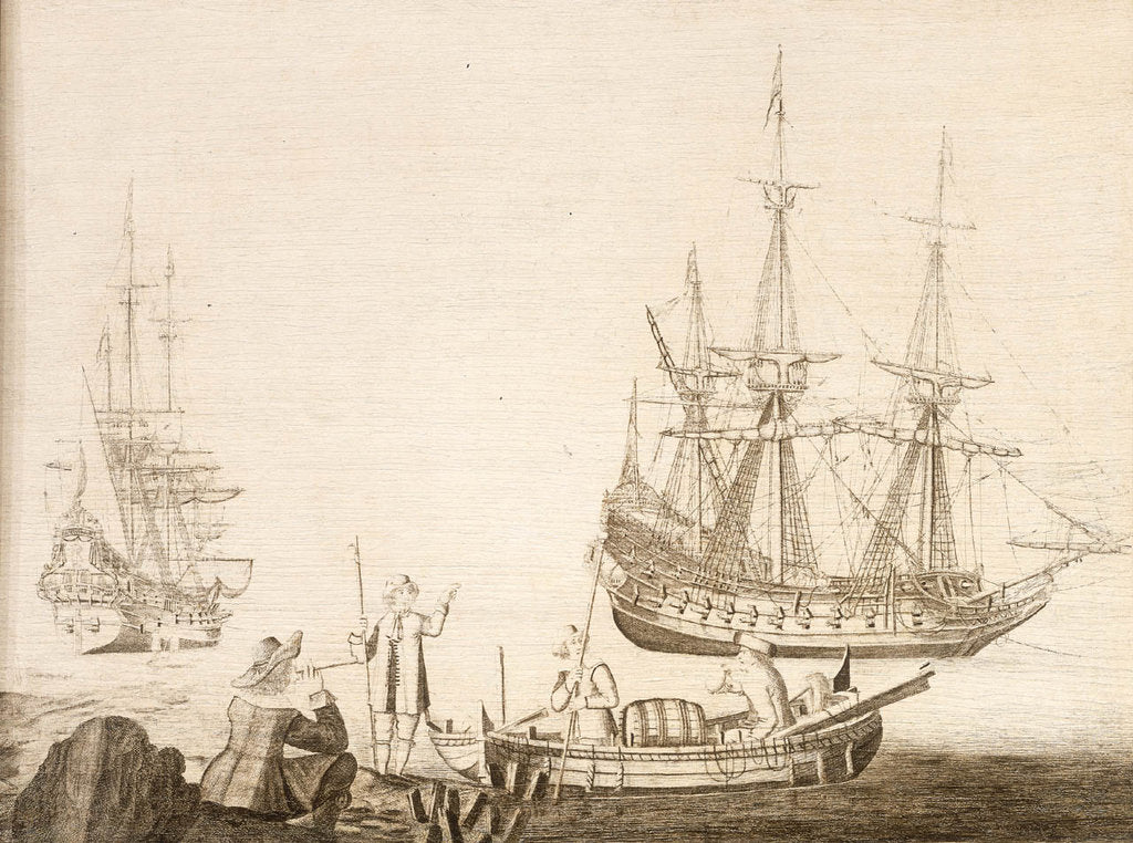 Detail of Men in a boat near two Dutch ships by Experiens Sillemans