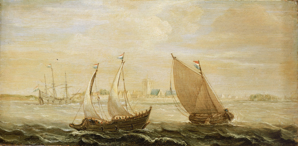 Detail of A yacht and a small vessel underway off a Dutch harbour by Cornelisz Verbeecq