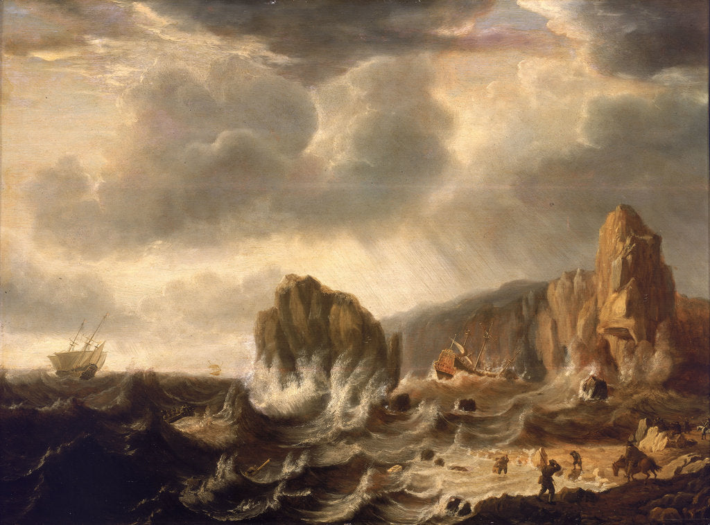 Detail of A ship wrecked off a rocky coast by Simon de Vlieger