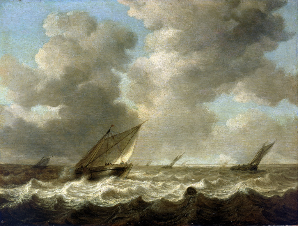 Detail of Fishing boats in a rough sea by Simon de Vlieger